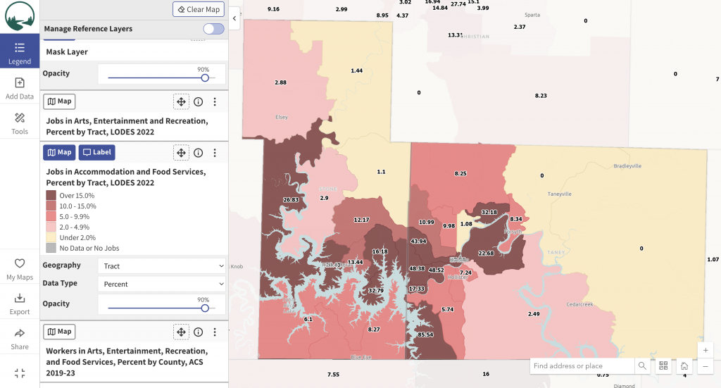 Map of jobs in food service in Stone and Taney Counties